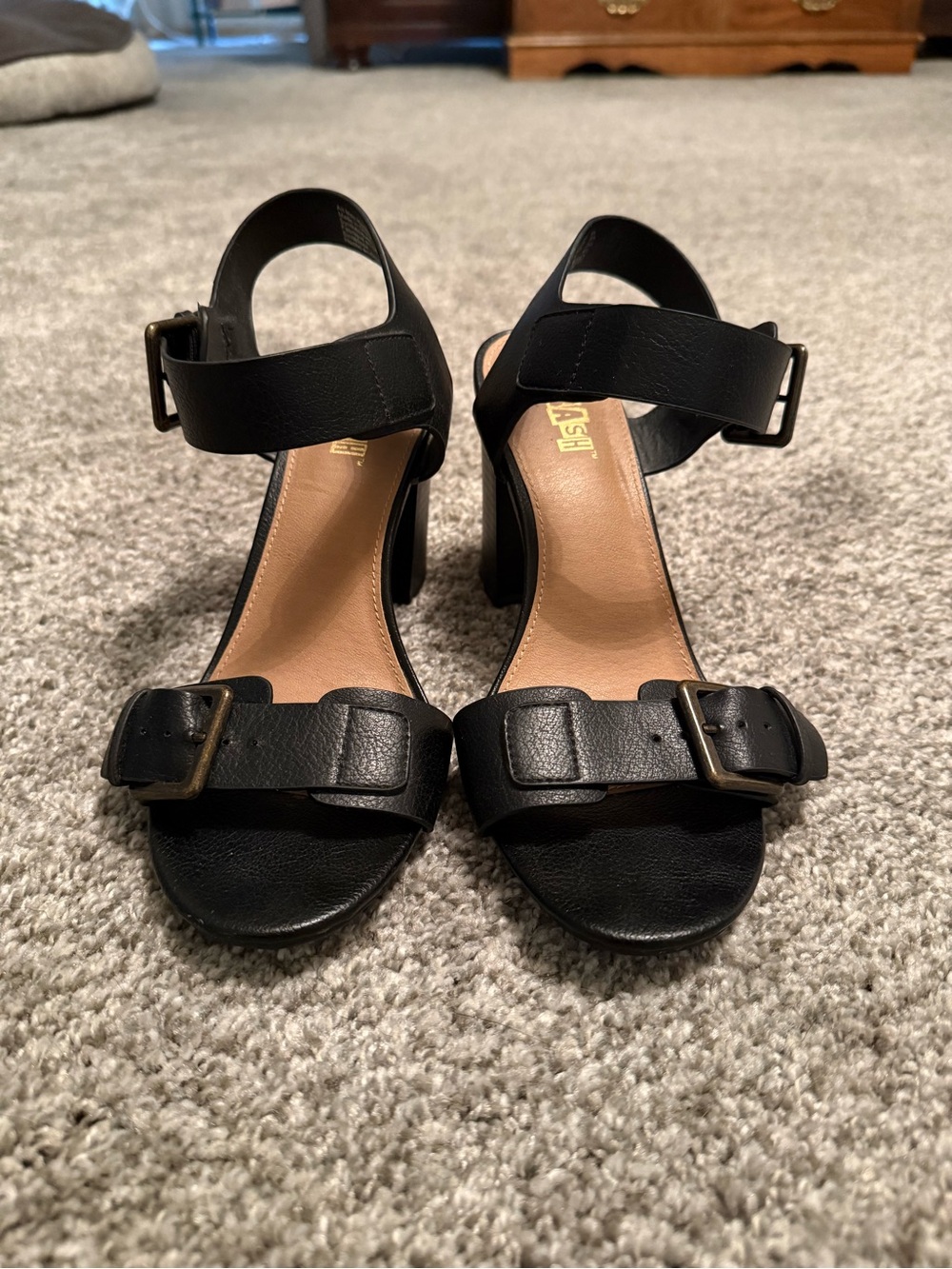 Brash Black Buckle Strap Block Heel Sandals